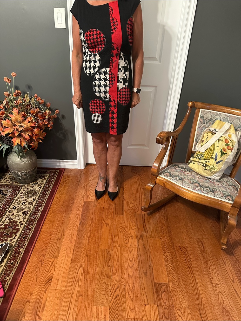 Desigual Black Dress with Red & White Geometric Accents.